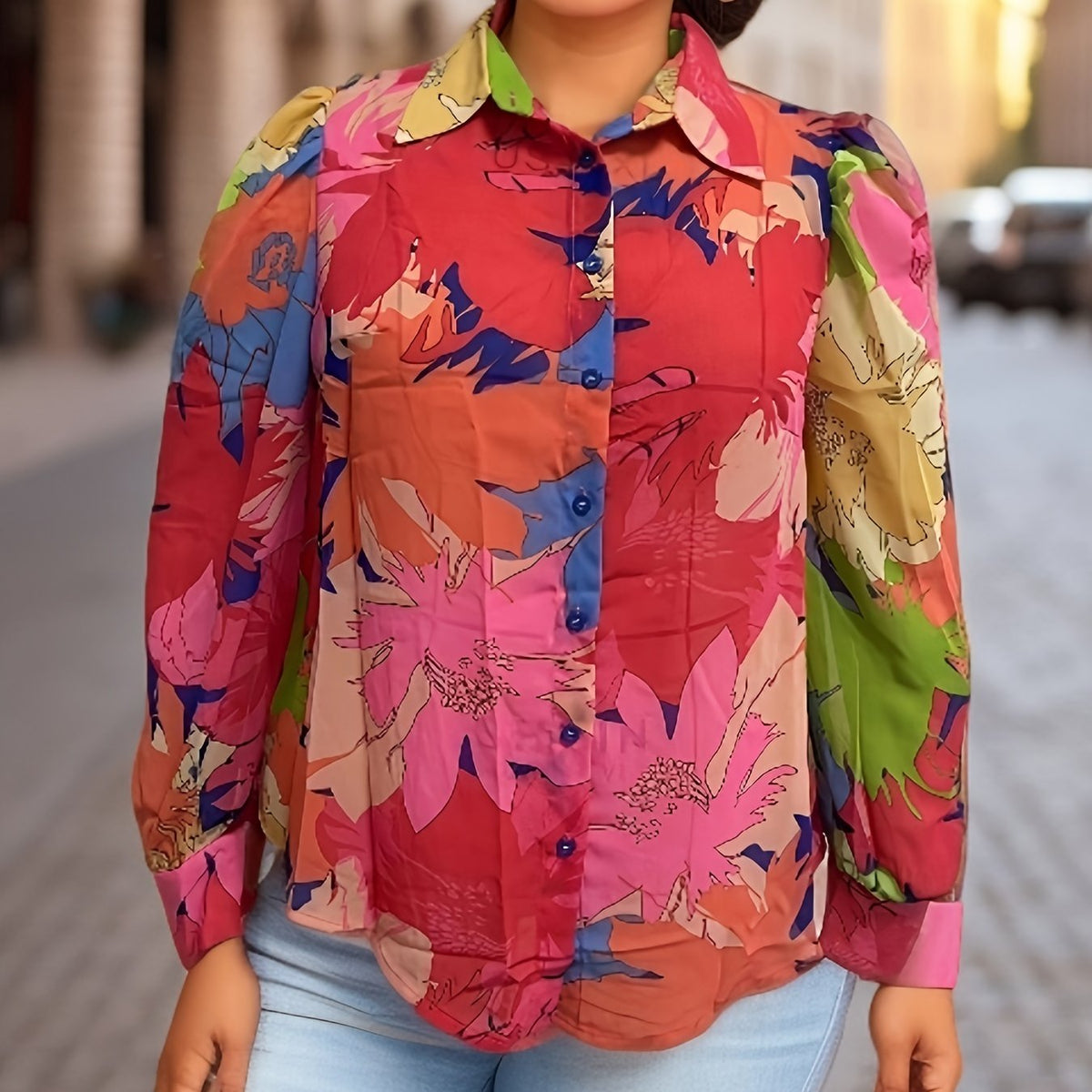  Floral Print Long Sleeve Button Up Shirt