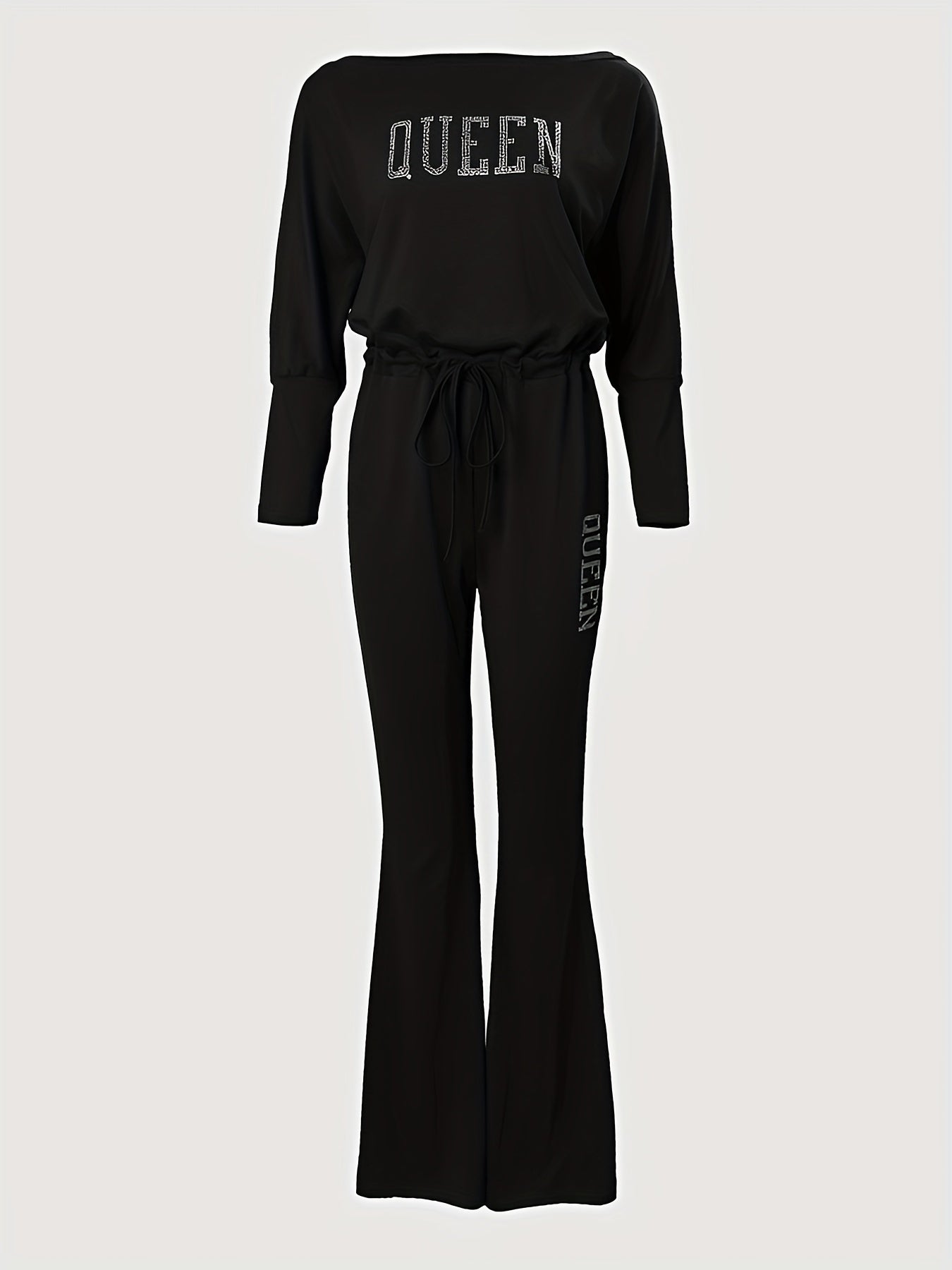 Solid Queen Print Off Shoulder Jumpsuit Casual Batwing Long Sleeve Jumpsuit