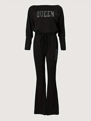 Solid Queen Print Off Shoulder Jumpsuit Casual Batwing Long Sleeve Jumpsuit