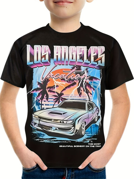 LA & Car Print Boys T-shirt Breathable & Stretchy Summer Casual Tee