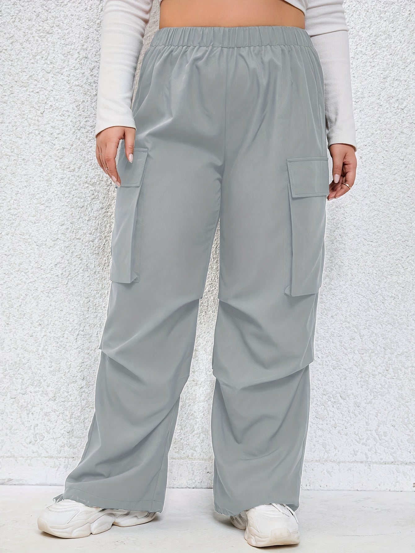 Solid High Rise Wide Leg Cargo Pants