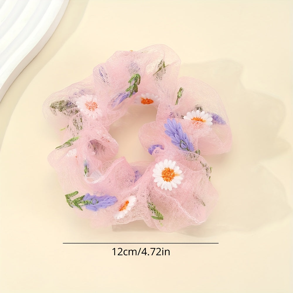 Flower Embroidery Hair Scrunchies Tulle Pink Ponytail Holders Hair Accessories