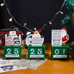 Wooden Block Desktop Calendar Christmas Decor Engraved Santa Reindeer Snowman