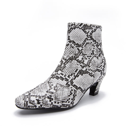 Women's Snakeskin Print Chunky Heeled Short Boots