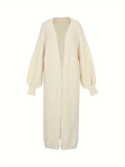  Solid Textured Lantern Sleeve Longline Cardigan