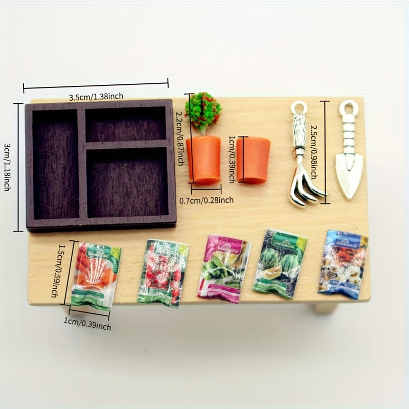 10pcs Miniature House Gardening Set Wooden Box Shovel Resin Plants Seed Packets