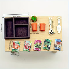 10pcs Miniature House Gardening Set Wooden Box Shovel Resin Plants Seed Packets