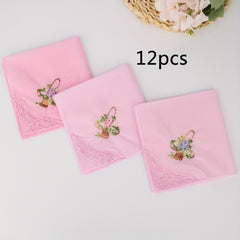 Vintage Floral Embroidered Handkerchiefs Soft Pink Beige Light Purple