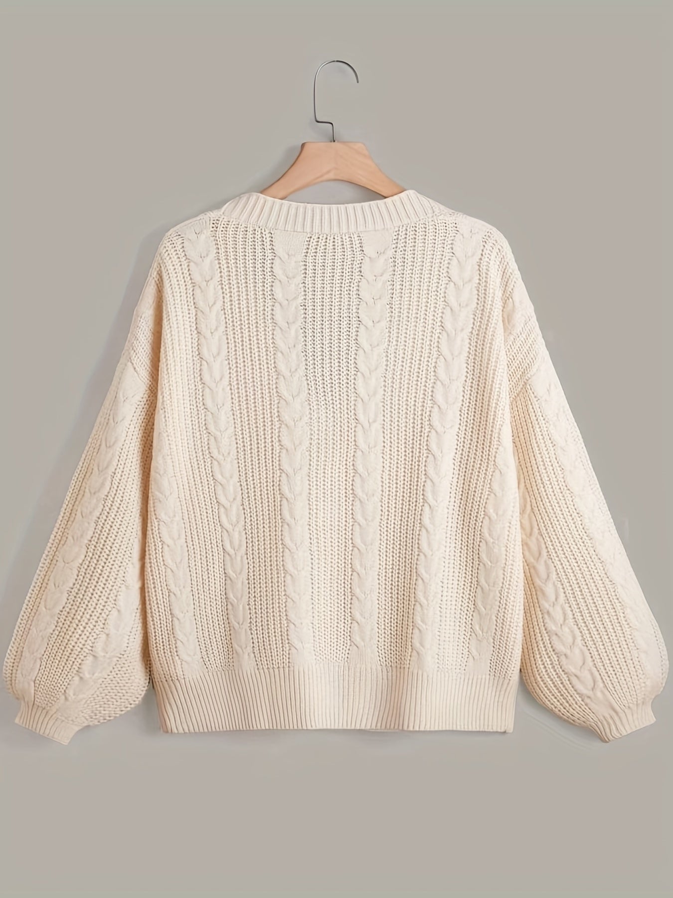  Solid Cable Button Up Lantern Sleeve Cardigan