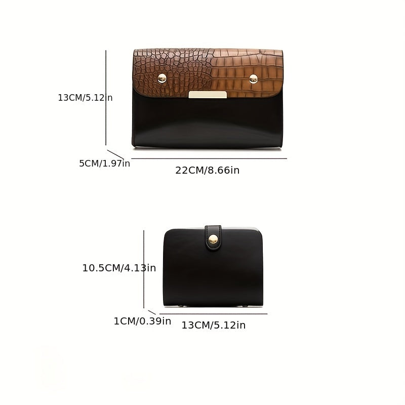3-Pc Crocodile Pattern Bag Set Vintage Shoulder & Clutch Purse Credit Case