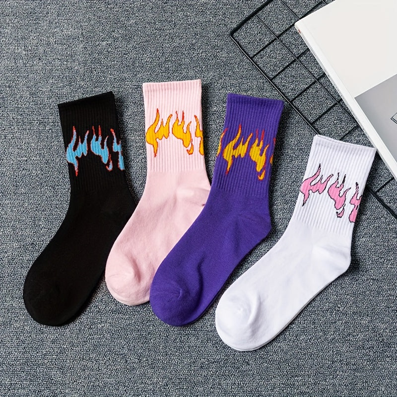 4 Pairs Flame Print Mid Tube Socks Women's Stockings