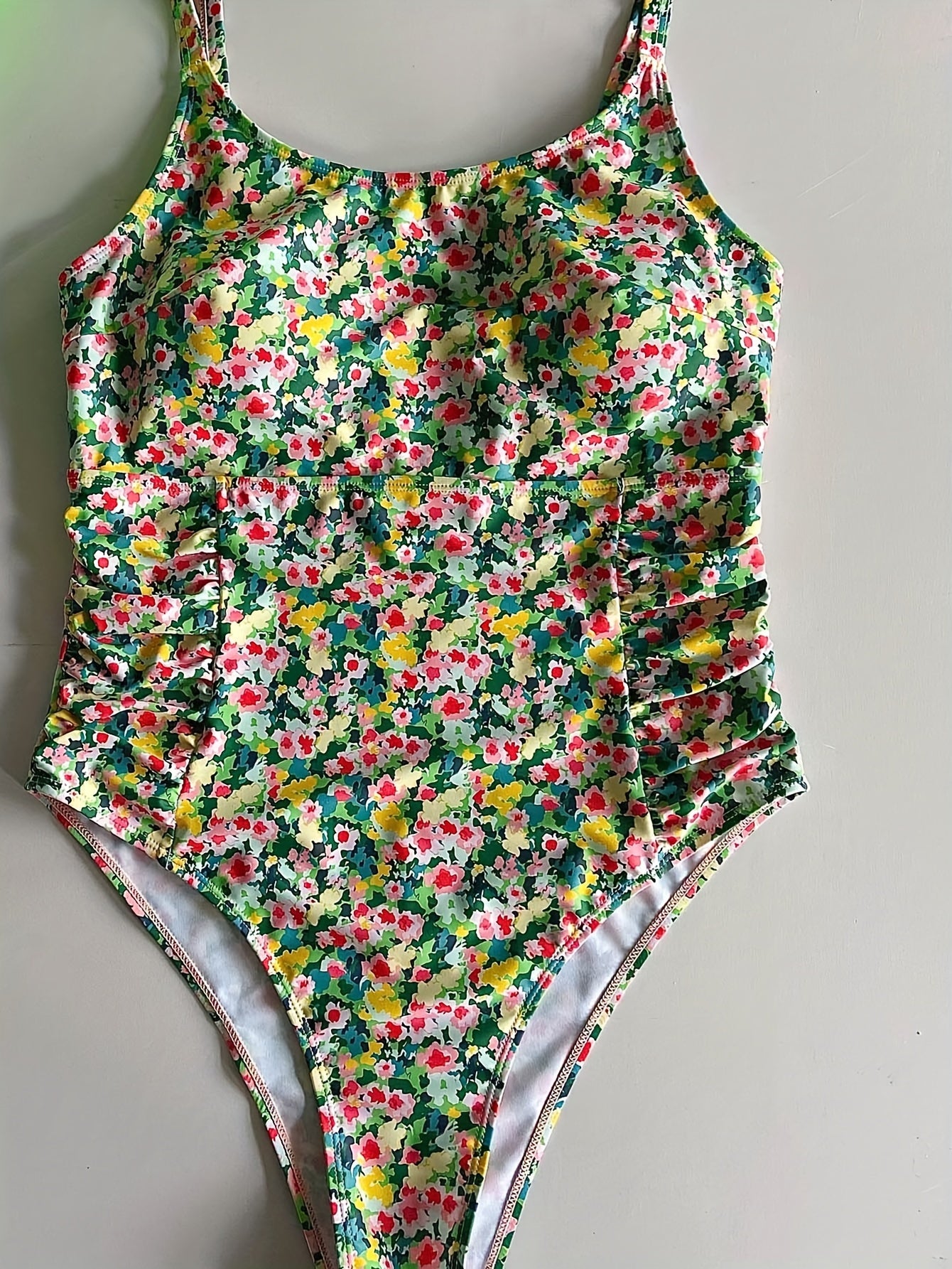  Boho Swimsuit Floral Print Ruched One Piece Swimsuit