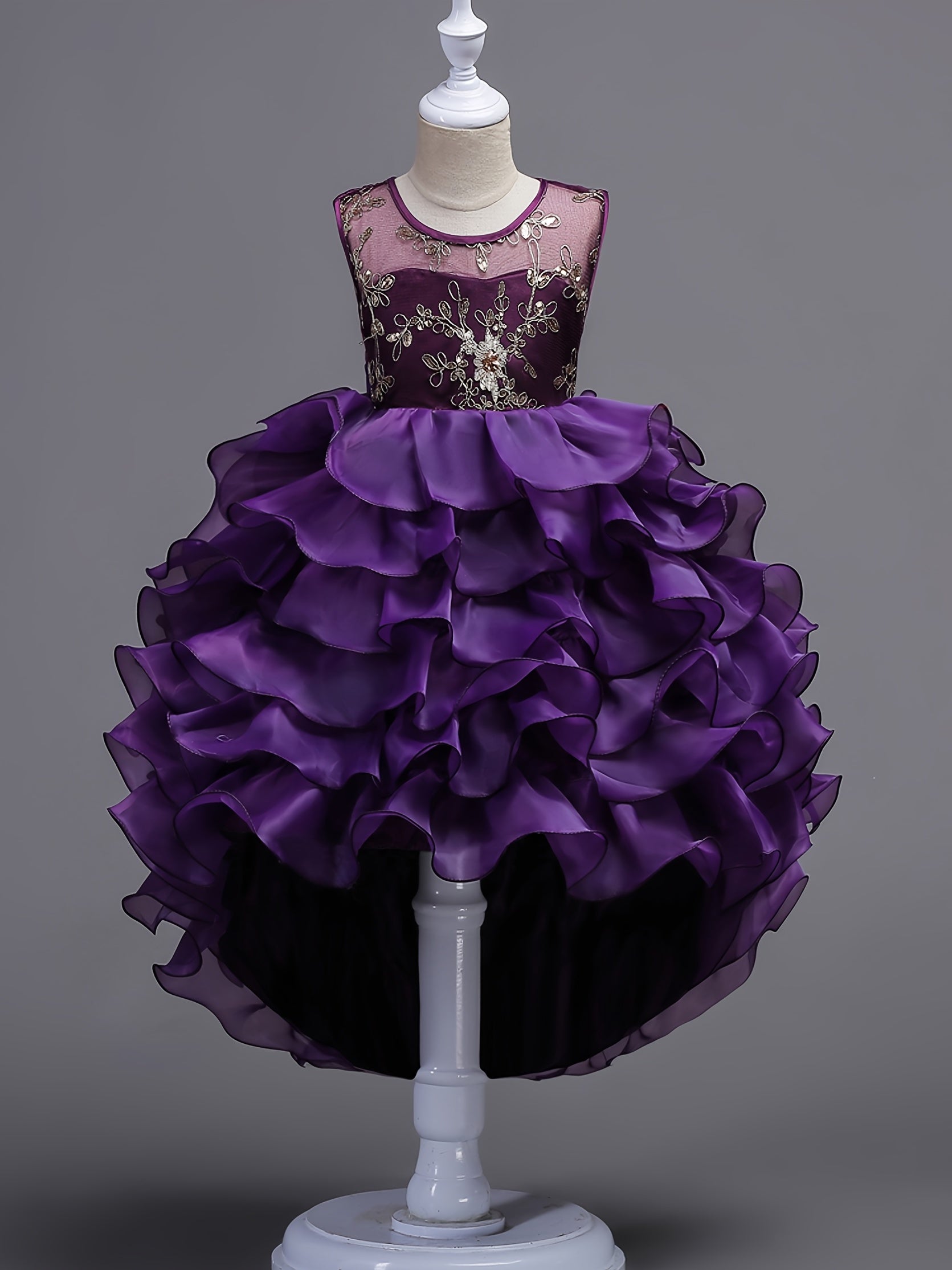 Girls Puffy Princess Dress Flowers Embroidery Layered Dress