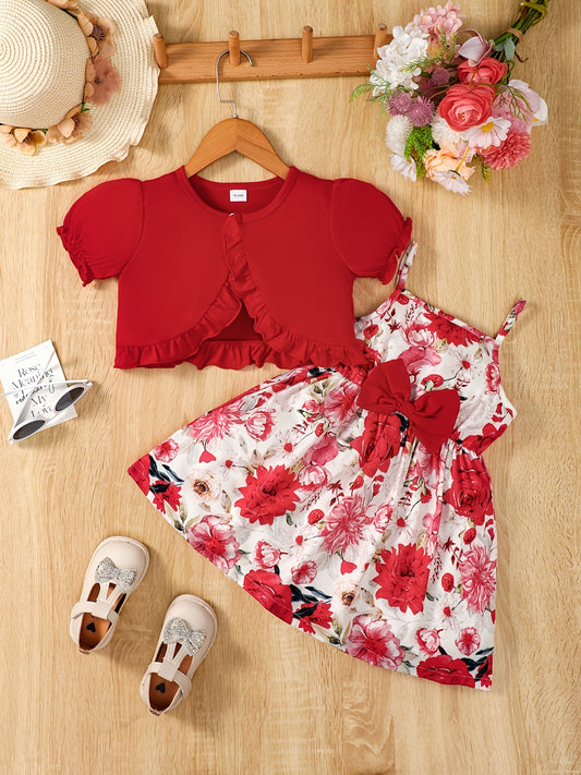 2 Pcs Baby Girl Boho Floral Dress & Cardigan Set