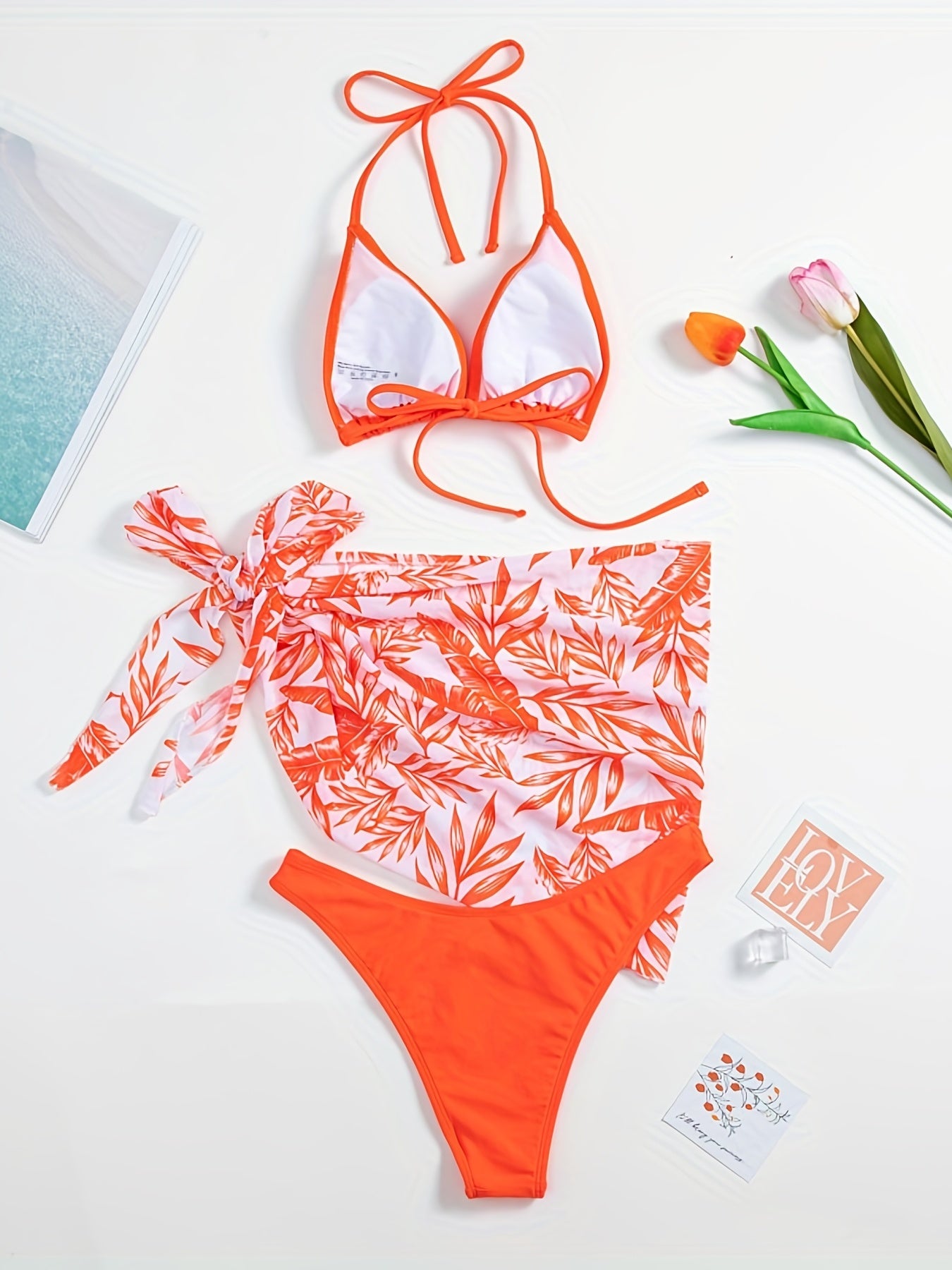 Leaf Print Bikini Set With Cover Up