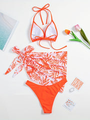 Leaf Print Bikini Set With Cover Up