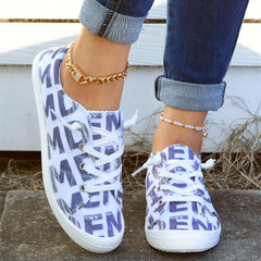 Women's Letter Print Canvas Shoes Low Top Lace Up Round Toe Casual Shoes
