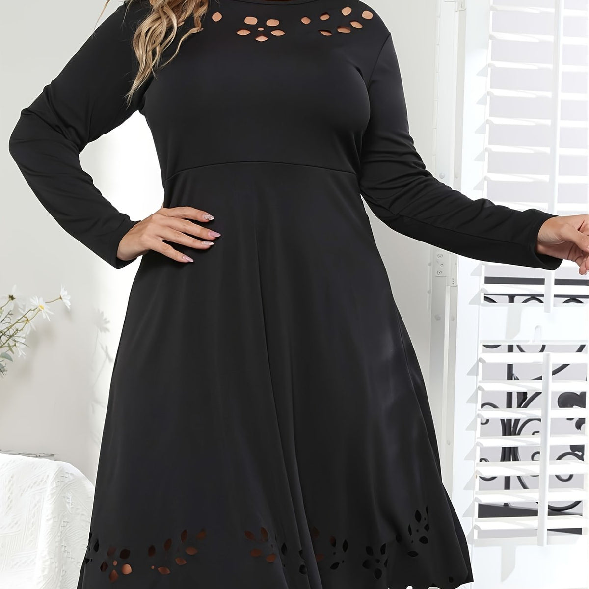 Solid Hollow Out A Line Midi Dress Women's Plus