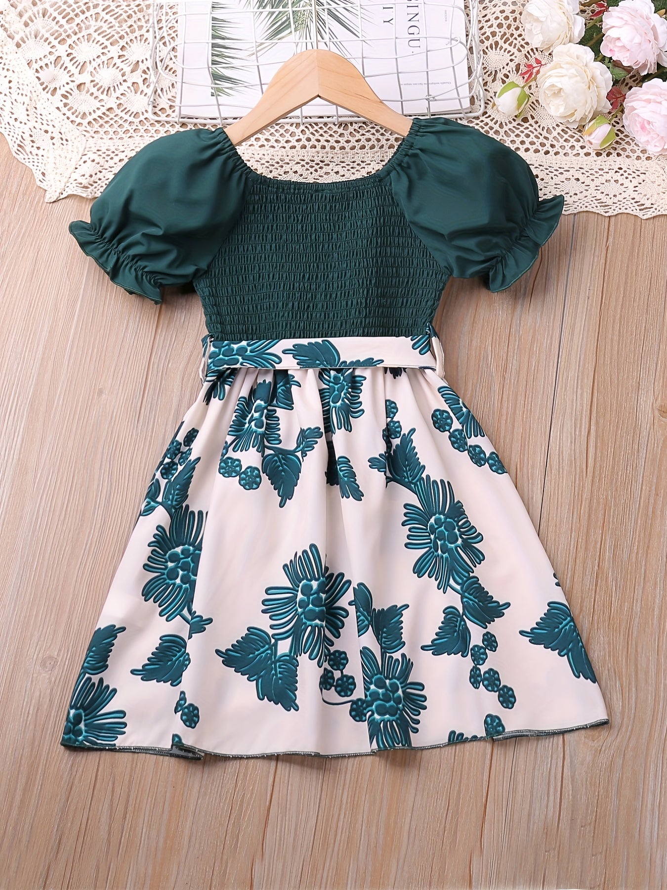 Girl's Puff Sleeve Shirred Floral Midi Dress with Belt