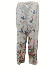  Butterfly Print Straight Leg Pants With Pockets