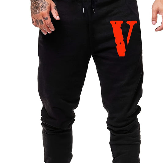 Men s Big V Print Drawstring Sweatpants Elastic Waist Jogger Pants