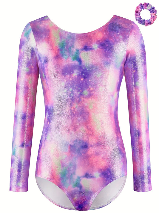 Girls 3D Starry Sky Graphic Crew Neck Long Sleeve Ballet Leotard