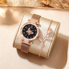 6pcs Heart Rhinestone Quartz Watch & Love Bangle Set