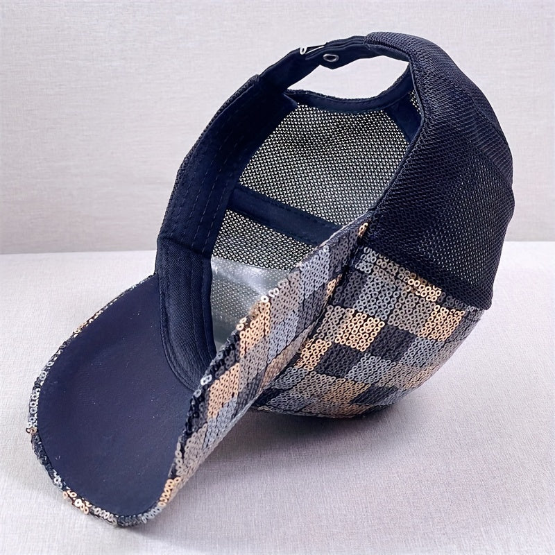 Sequin Block Trucker Hat Y2K Mesh Breathable Sunshade Baseball Cap