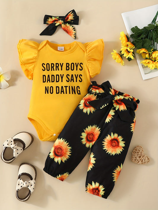 3pcs Baby Girls Daddy Says No Dating Outfit Set with Sunflower Pants