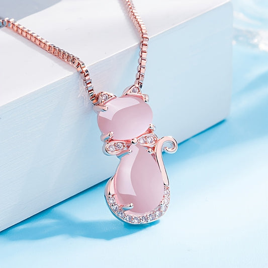 Rose Plated Quartz Pink Crystal Cat Pendant Necklace for Girls