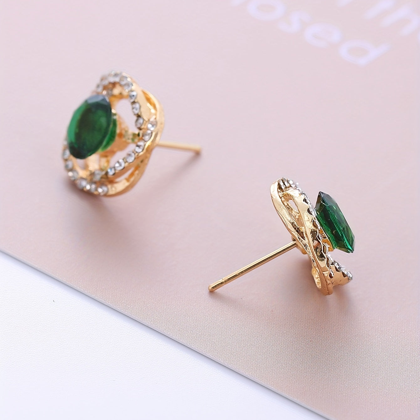 Emerald Crystal Floral Stud Earrings Retro Style 18K Plated Jewelry