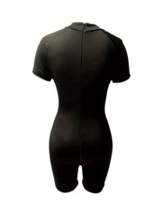 Solid Mock Neck Romper Casual Workout Short Sleeve Slim Romper Women's Clothing