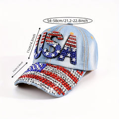 Rhinestone Flag Baseball Cap Denim Washed Distressed Unisex Sun Hat
