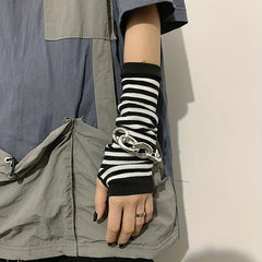 Hip Hop Stripe Print Gloves Cartoon Y2K Long Sleeve Half Fingerless