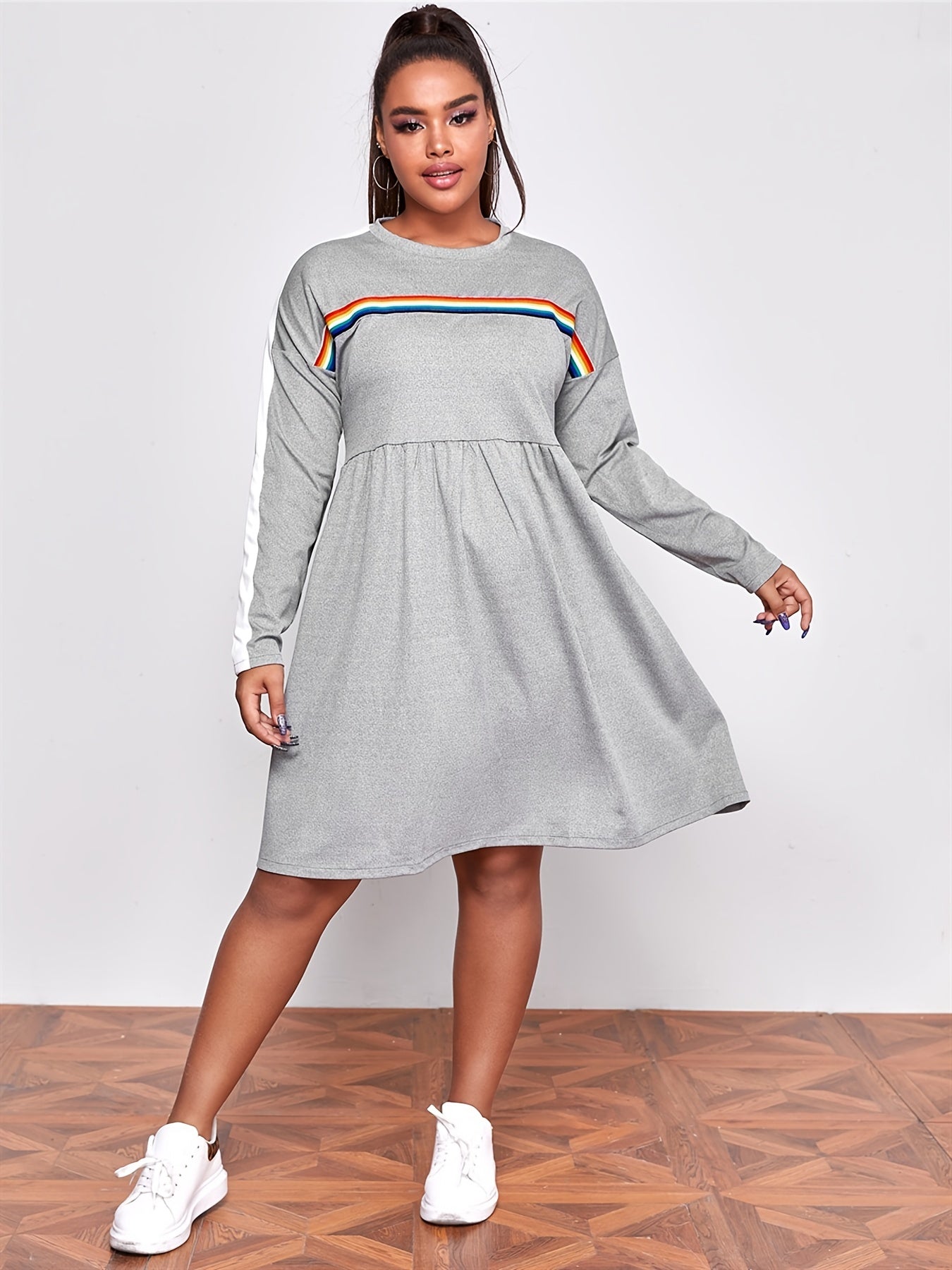  Rainbow Striped Midi Tee Dress Women's Plus Stretch Sporty Tee Dress