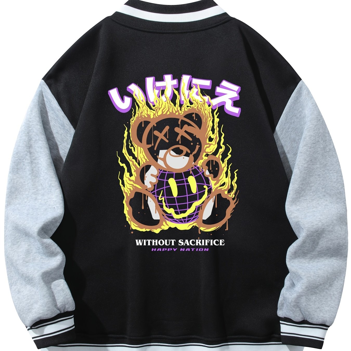 Men's Muppet Bear Print Baseball Collar Jacket