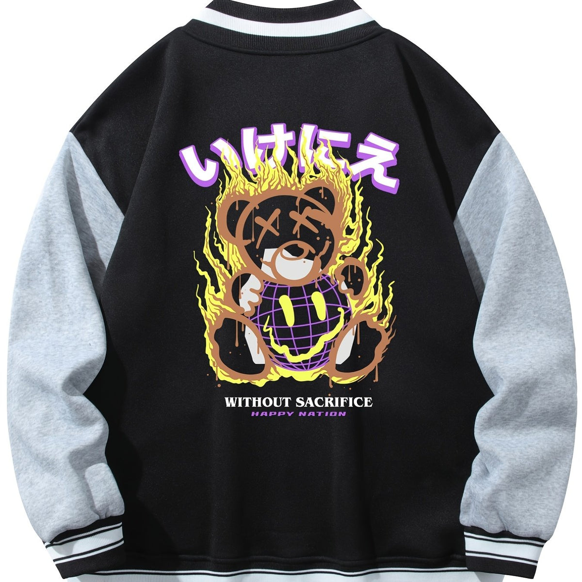 Men's Muppet Bear Print Baseball Collar Jacket
