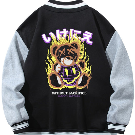 Men's Muppet Bear Print Baseball Collar Jacket