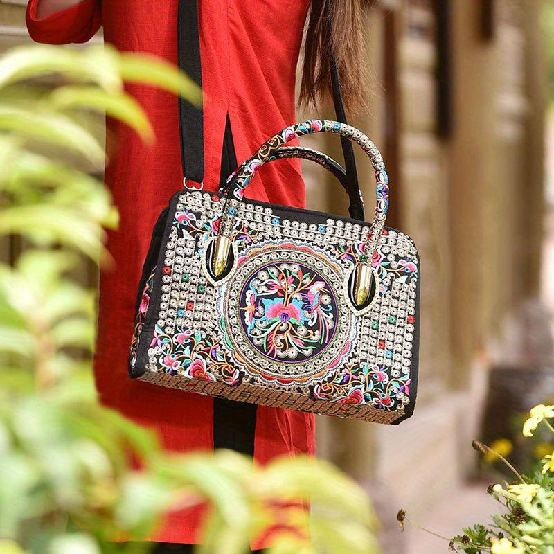 Flower Embroidered Handbags Ethnic Style Crossbody Bag Canvas Satchel Purse