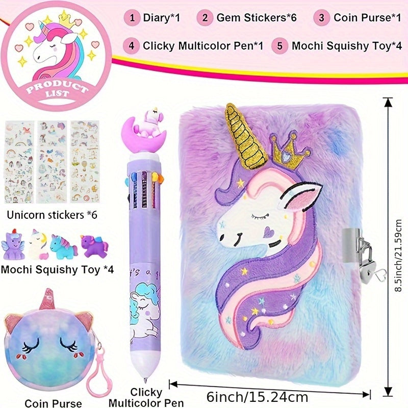 Unicorn Plush Notebook with Heart Lock & Key