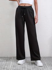 Drawstring Waist Straight Leg Pants High Waist Casual