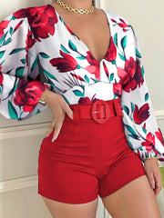 Floral Print Two Piece Set Lantern Sleeve Blouse & Shorts