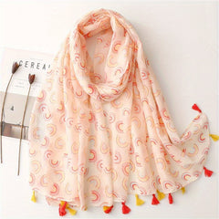 Rainbow Print Pink Voile Scarf Tassel Shawl Boho Head Wraps Women Hijab