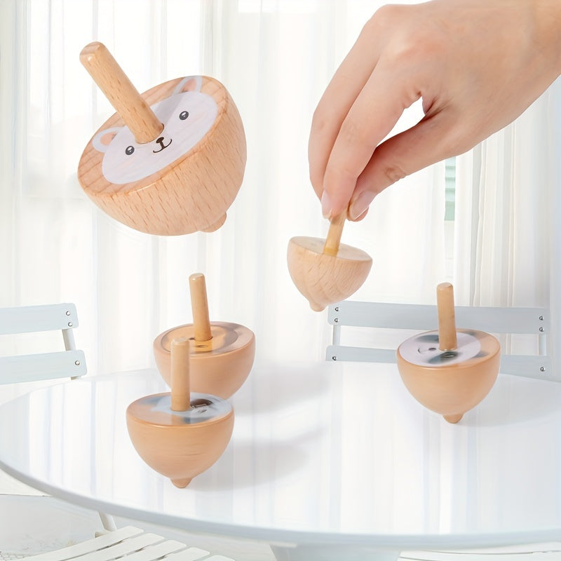 6pcs Wooden Spinning Top Toys Cartoon Fruit Animal Theme Patterns Classic Game