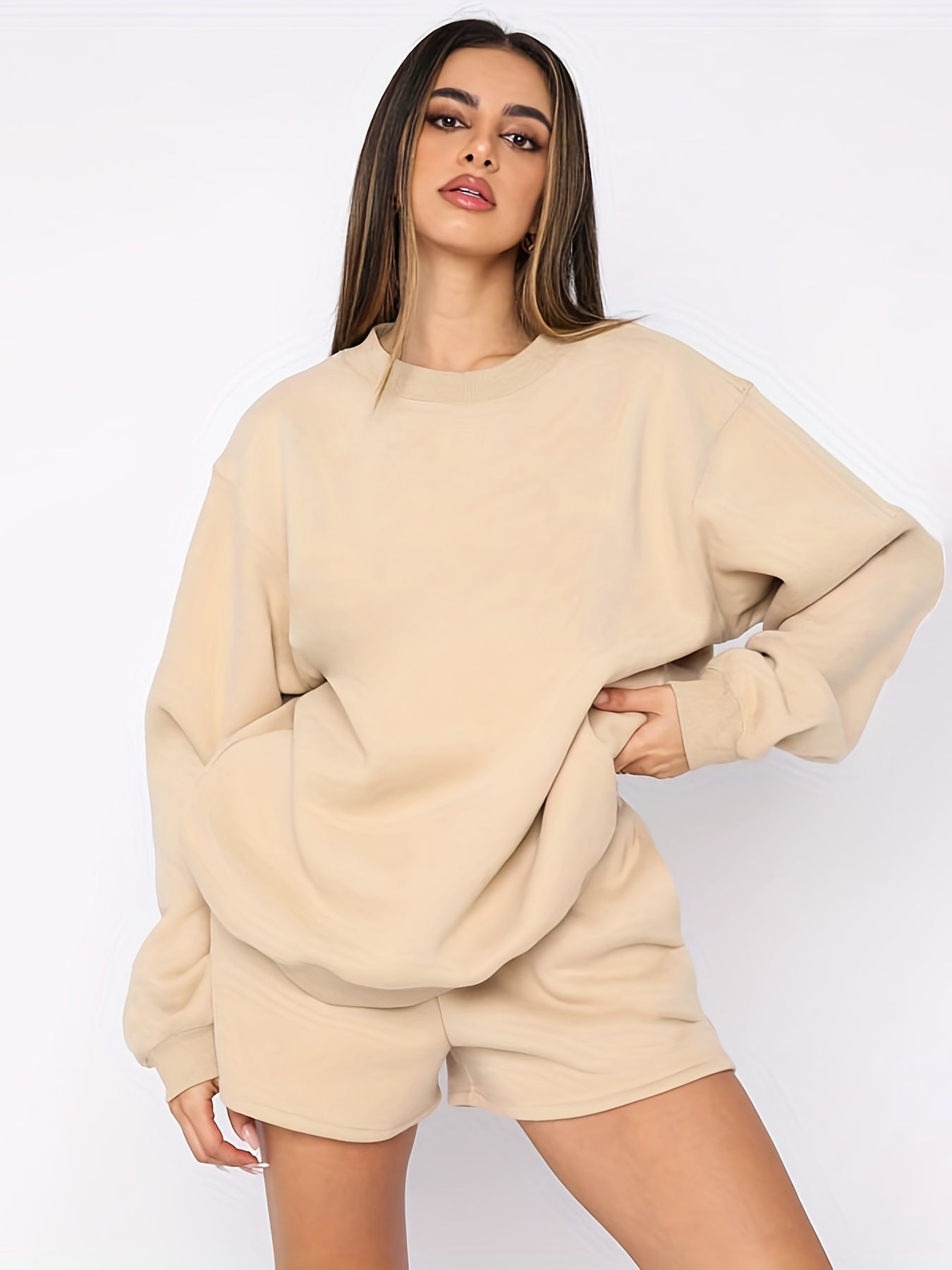 Solid Sweatshirt & Drawstring Shorts Set Women's Outfit