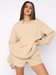 Solid Sweatshirt & Drawstring Shorts Set Women's Outfit