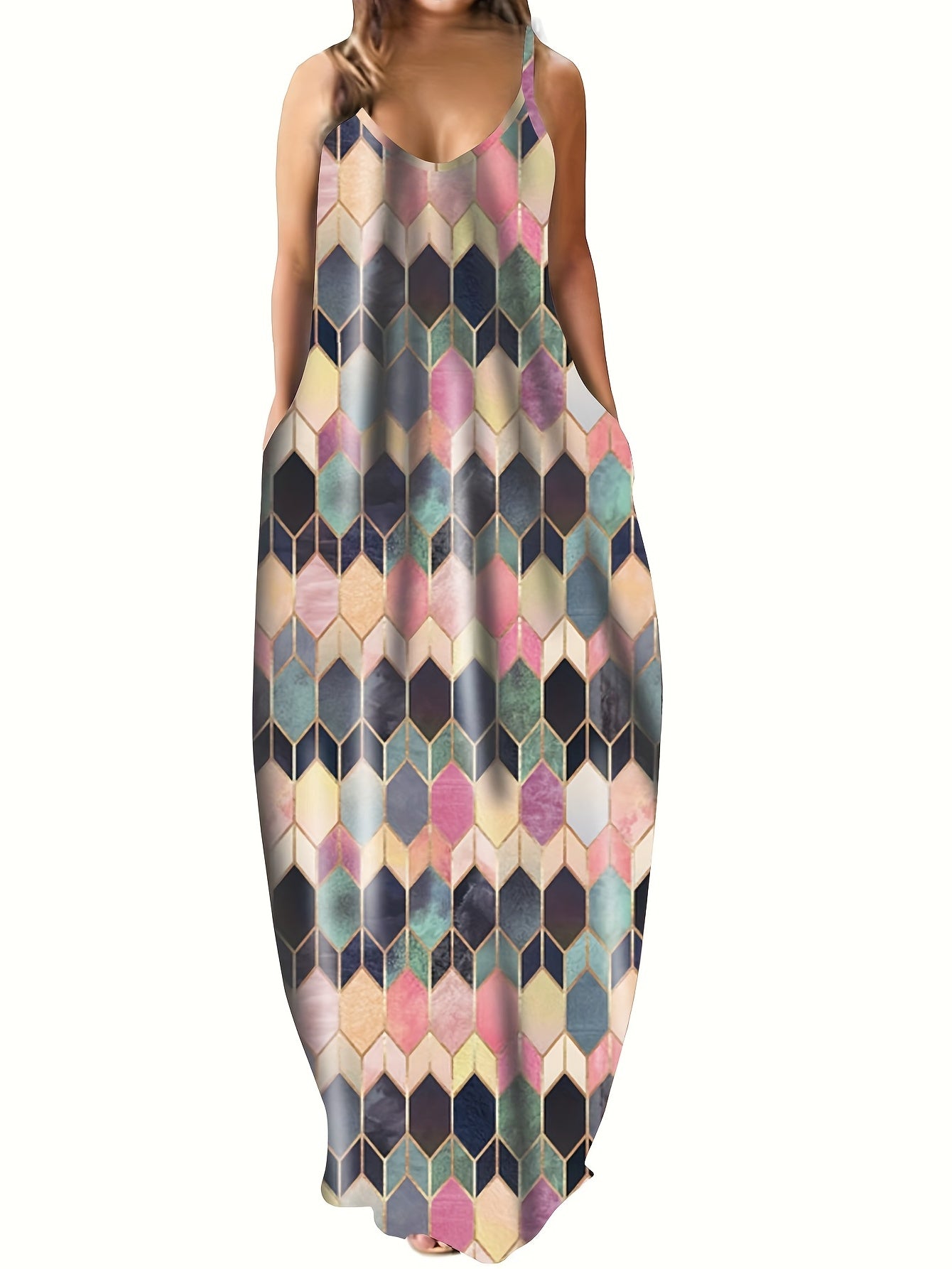  Colorblock Geometric Print Maxi Cami Dress