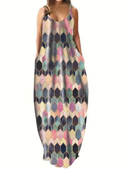  Colorblock Geometric Print Maxi Cami Dress