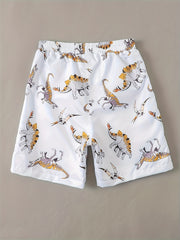 Boy's Dino Print Swim Trunks Elastic Waist Shorts for Summer Vacation