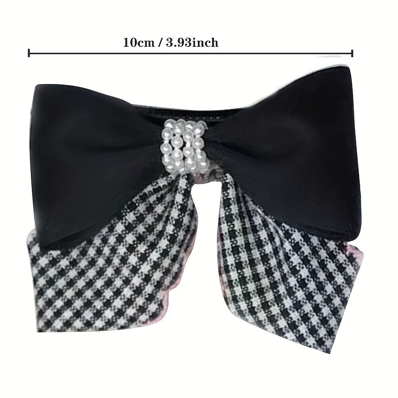 Plaid Pattern Faux Pearl Bowknot Duck Billed Clip Clothing Decoration